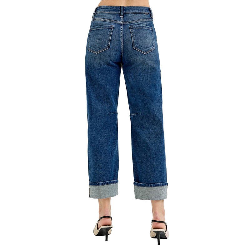 Risen Jeans Women's Dark Slouchy Crop Barrel Cuff Jean