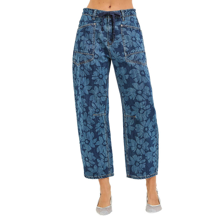 Risen Jeans Women's Dark Floral Print Barrel Jeans