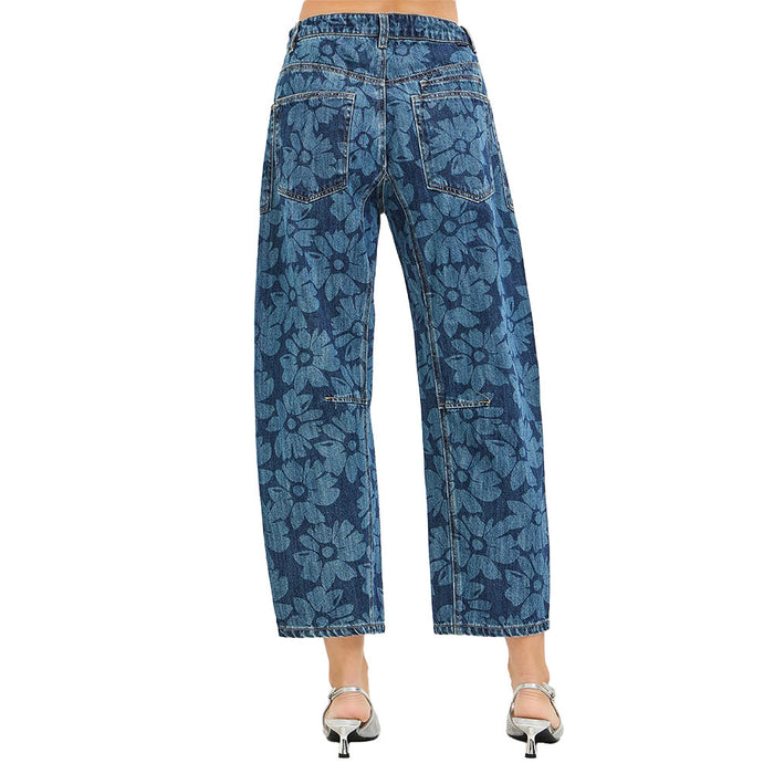 Risen Jeans Women's Dark Floral Print Barrel Jeans
