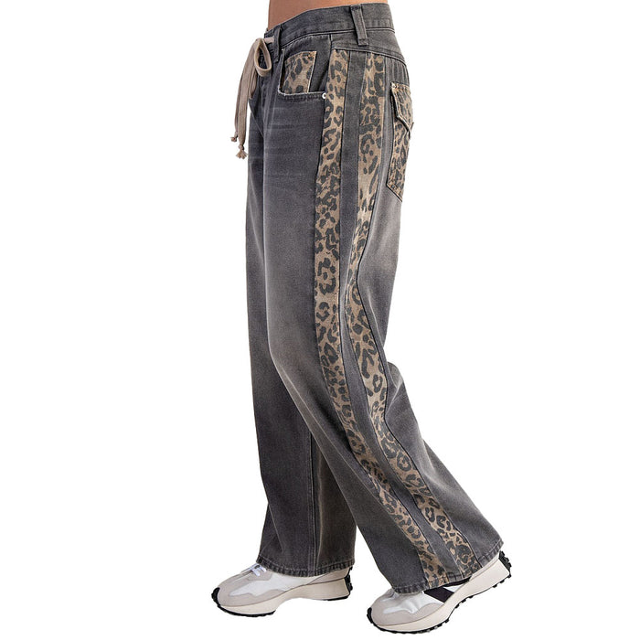 Ee Some Women's Washed Black with Leopard Print Pants