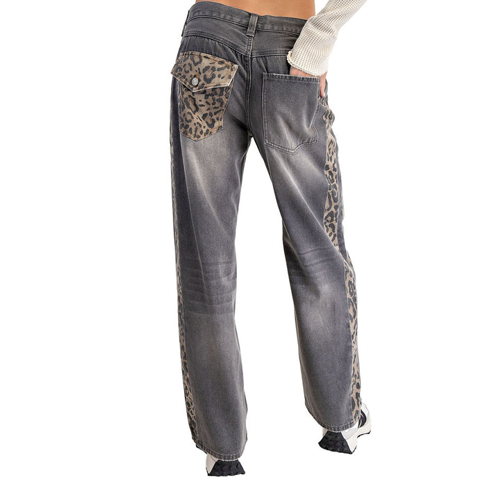 Ee Some Women's Washed Black with Leopard Print Pants