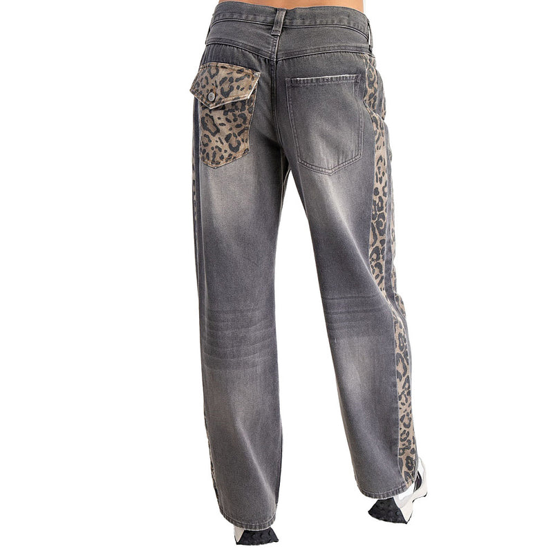 Ee Some Women's Washed Black with Leopard Print Pants