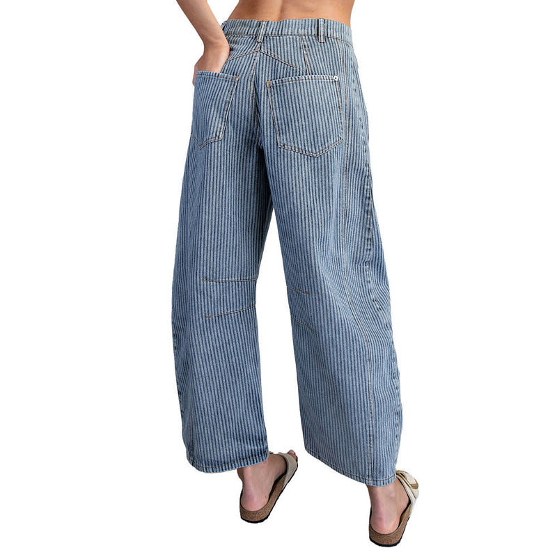 Ee Some Women's Denim Mineral Wash Striped Barrel Pants