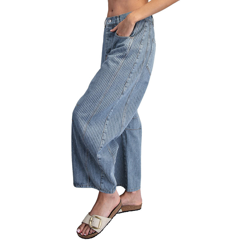 Ee Some Women's Denim Mineral Wash Striped Barrel Pants