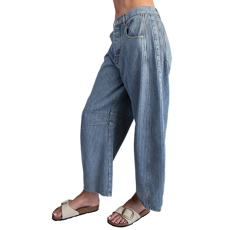 Ee Some Women's Denim Mineral Wash Striped Barrel Pants