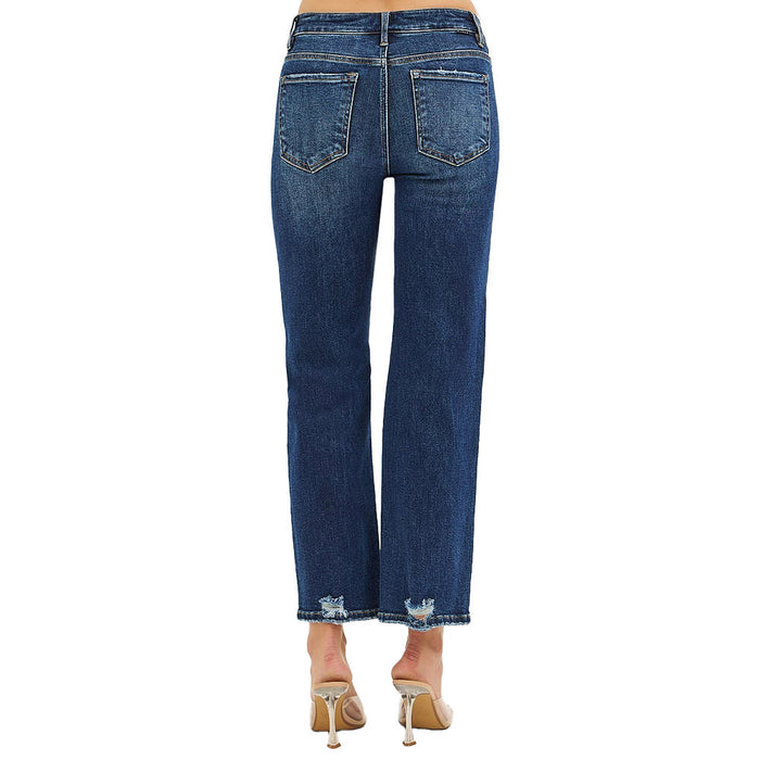 Risen Jeans Women's Dark Straight Patched Knee Jeans