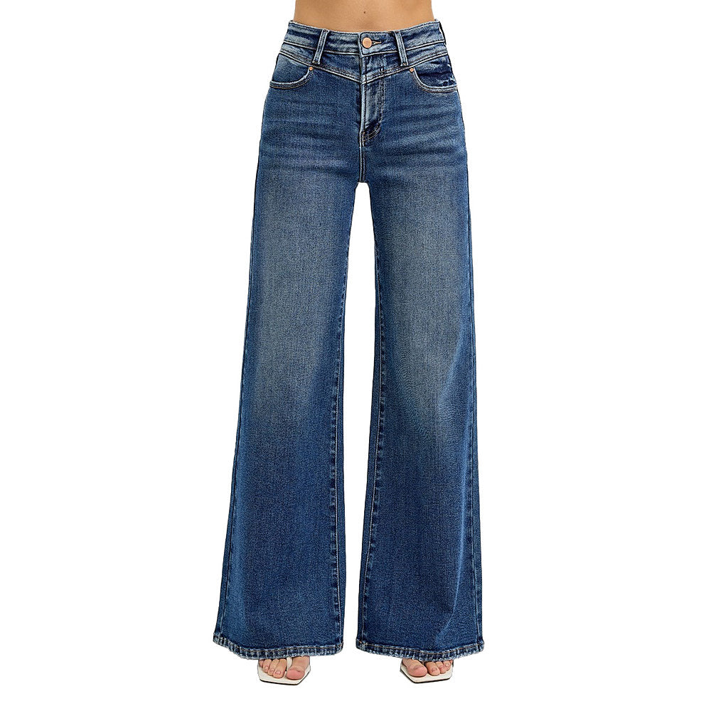 Risen Jeans Women's High Rise Wide Front Yoke Detailed Jeans
