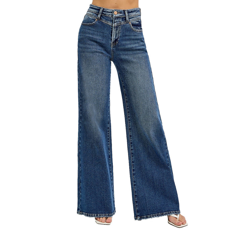 Risen Jeans Women's High Rise Wide Front Yoke Detailed Jeans