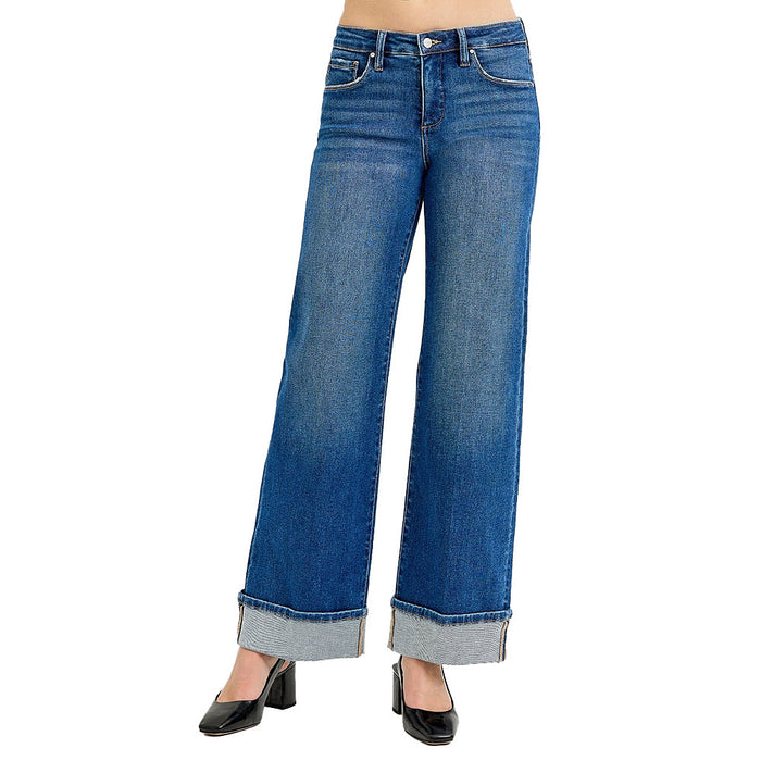 Risen Jeans Women's Dark Tummy Control Wide Cuffed Jeans