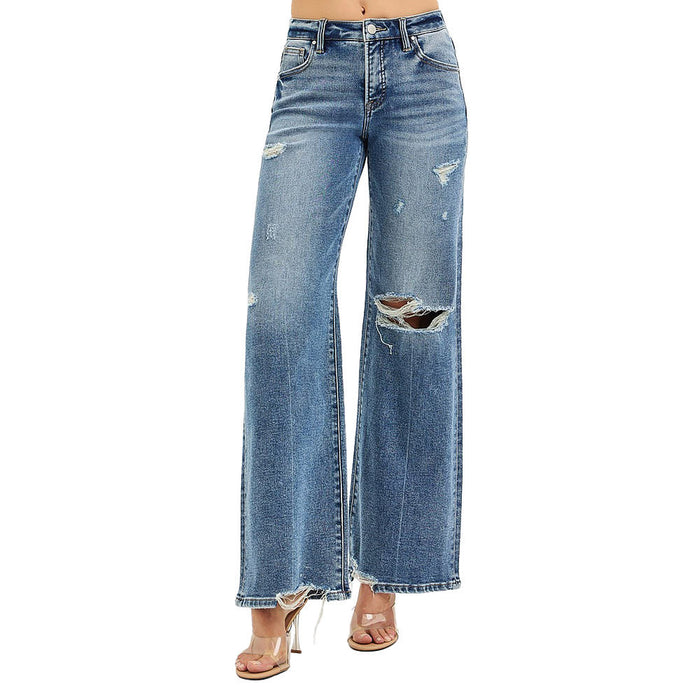 Risen Jeans Women's Medium Wash Tummy Control Wide Leg Jeans