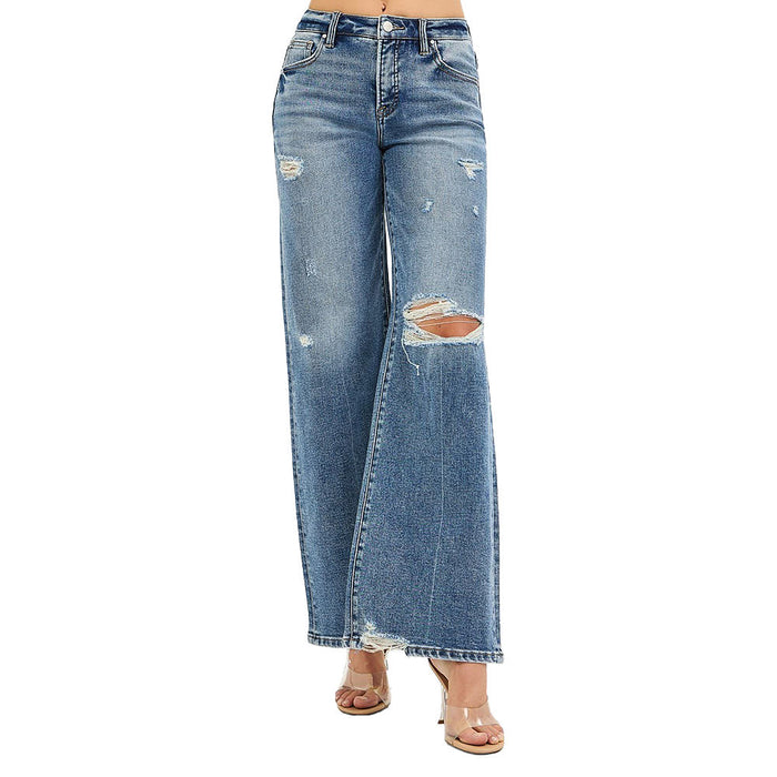 Risen Jeans Women's Medium Wash Tummy Control Wide Leg Jeans