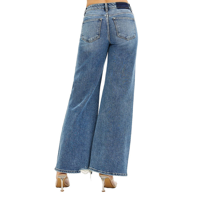 Risen Jeans Women's Medium Wash Tummy Control Wide Leg Jeans