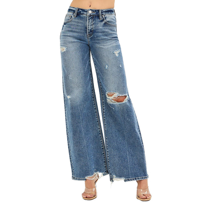 Risen Jeans Women's Medium Wash Tummy Control Wide Leg Jeans