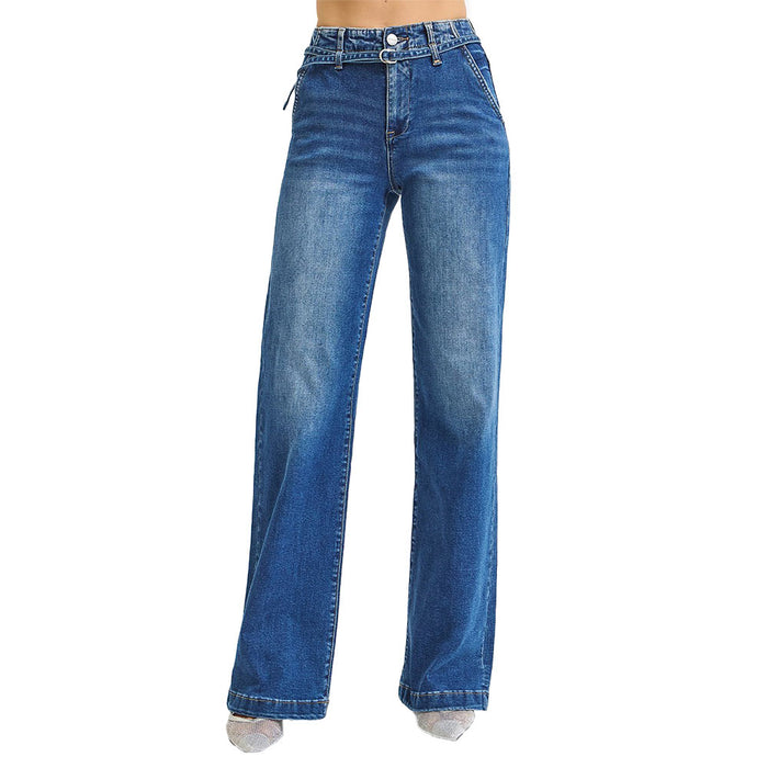 Risen Jeans Women's Dark Wide Leg Belted Jeans