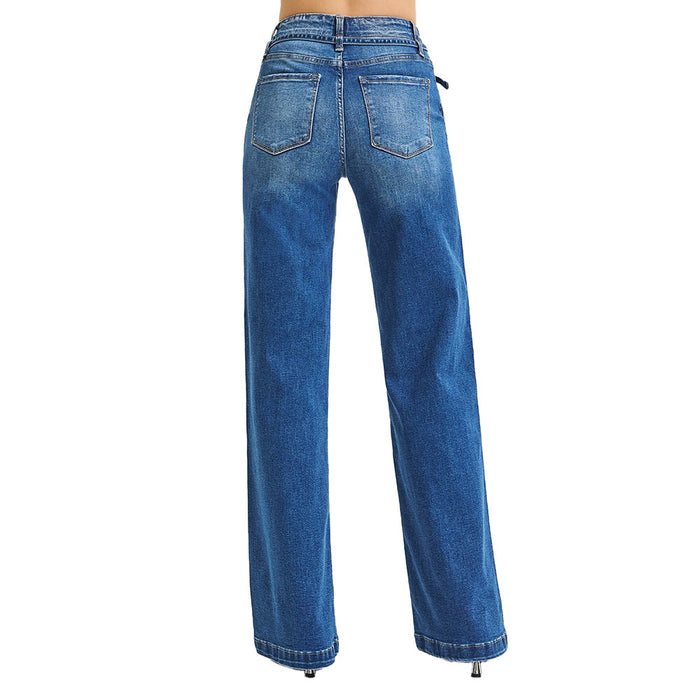 Risen Jeans Women's Dark Wide Leg Belted Jeans