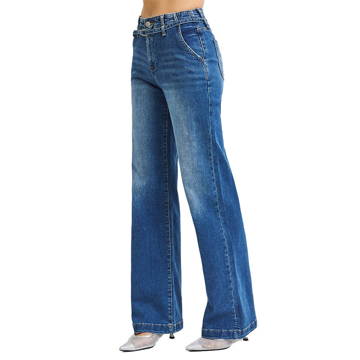 Risen Jeans Women's Dark Wide Leg Belted Jeans