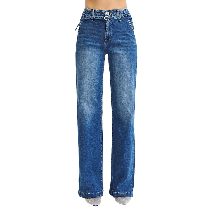 Risen Jeans Women's Dark Wide Leg Belted Jeans