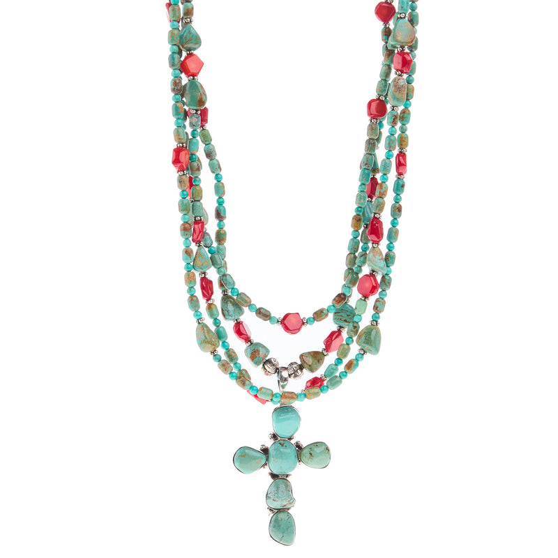 Paige Wallace Turquoise and Coral Nugget Cross Necklace