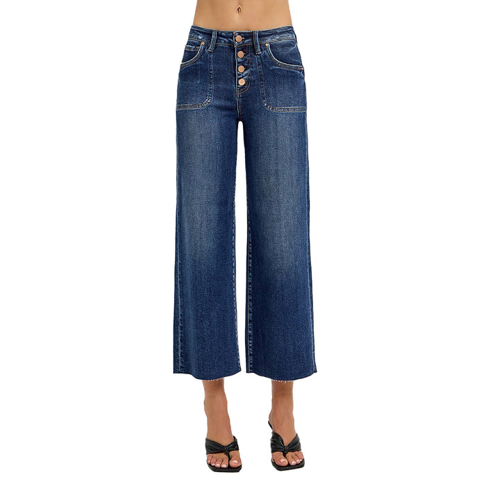 Risen Jeans Womens High Rise Crop Wide Button Jeans