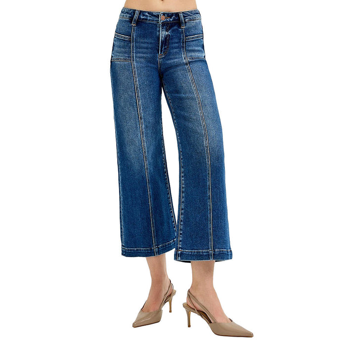 Risen Jeans Women's Dark Crop Wide Front Patch Pocket Jeans