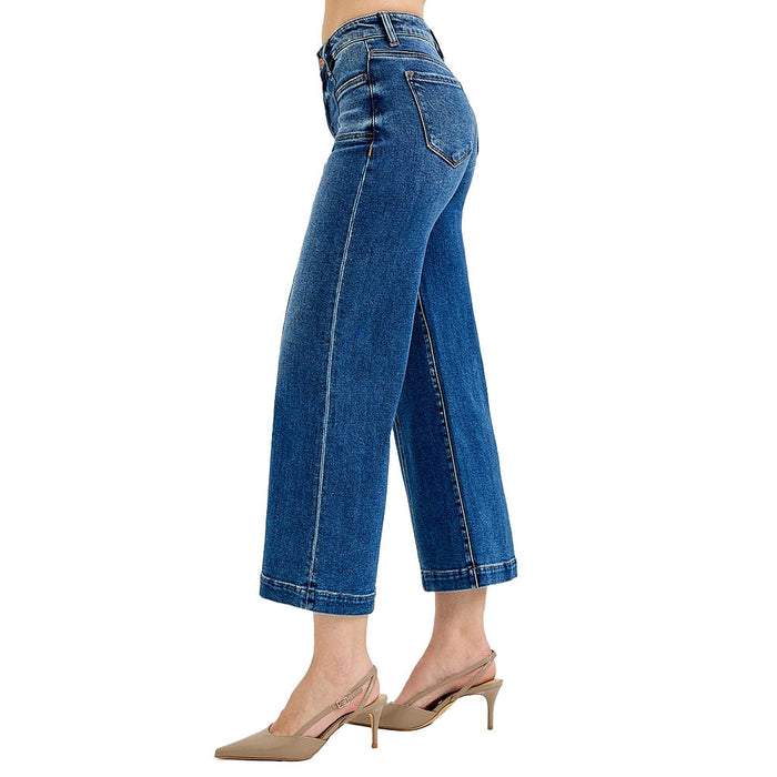 Risen Jeans Women's Dark Crop Wide Front Patch Pocket Jeans