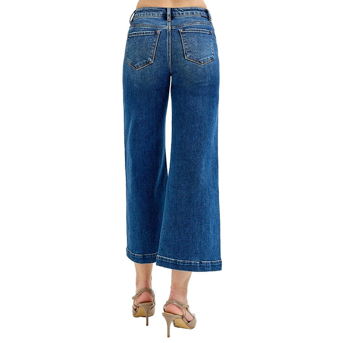 Risen Jeans Women's Dark Crop Wide Front Patch Pocket Jeans