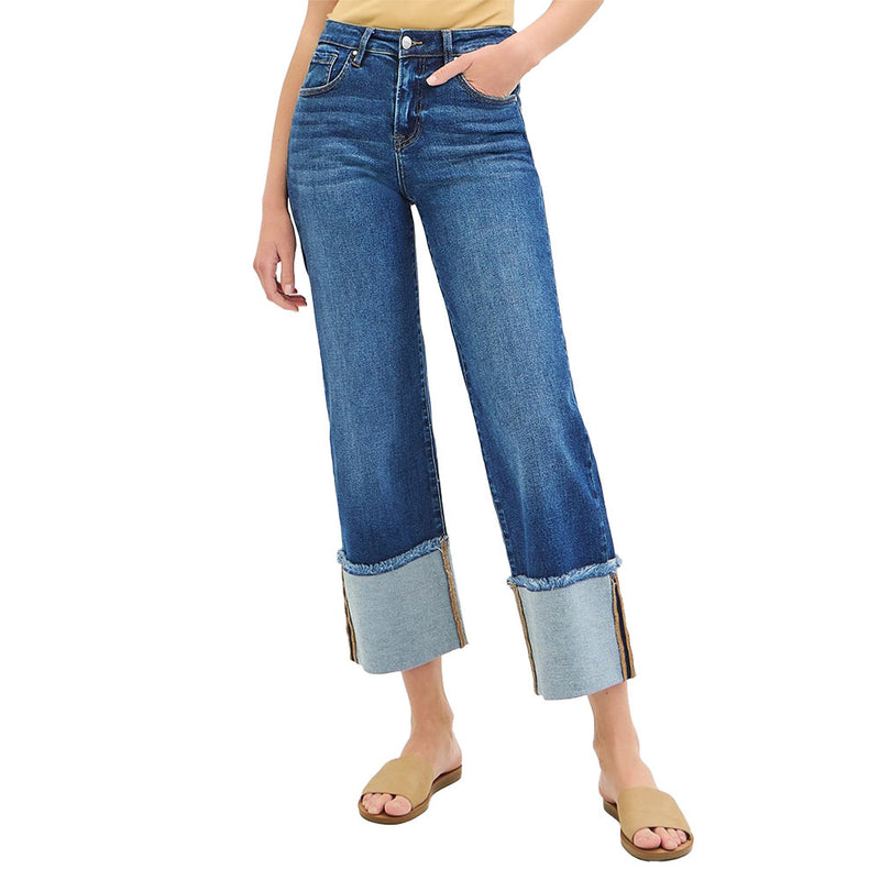 Risen Jeans Women's Dark Crop Wide Cuffed Jeans