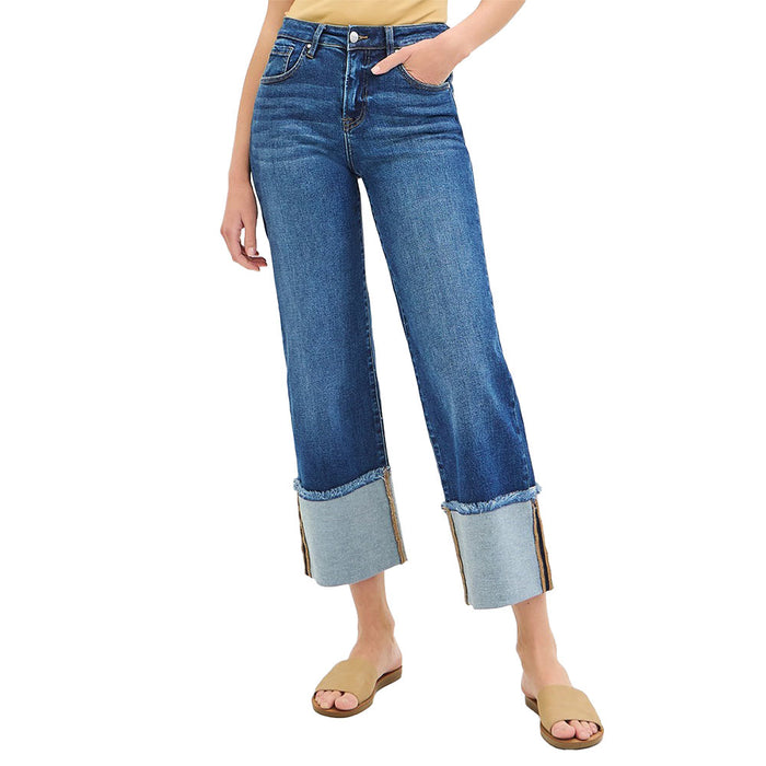 Risen Jeans Women's Dark Crop Wide Cuffed Jeans