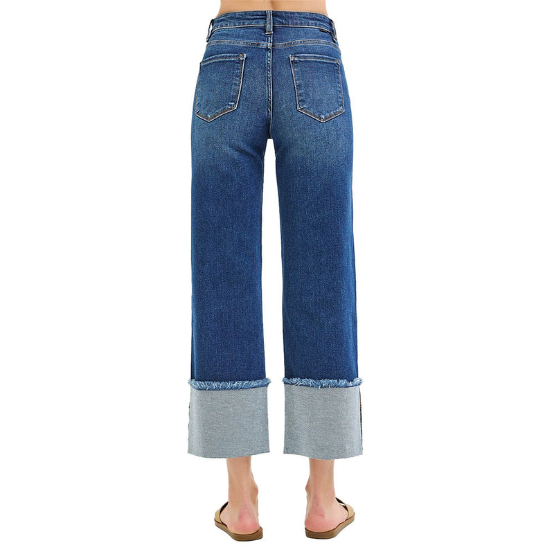 Risen Jeans Women's Dark Crop Wide Cuffed Jeans