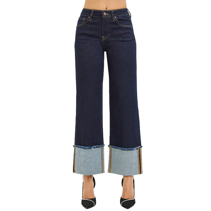 Risen Jeans Women's Solid Dark Crop Wide Cuffed Jean