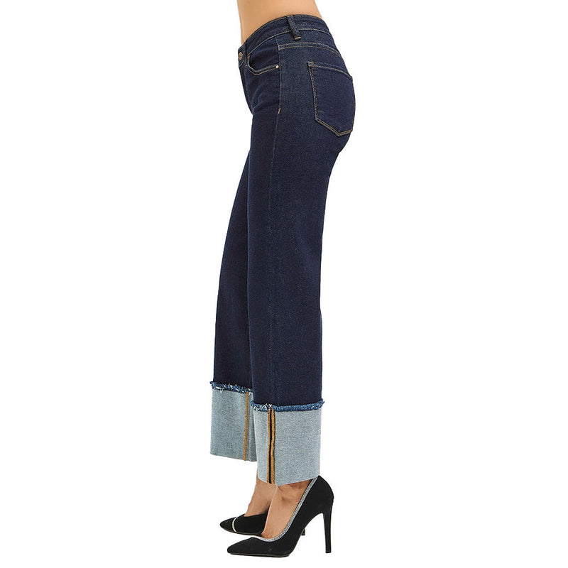 Risen Jeans Women's Solid Dark Crop Wide Cuffed Jean