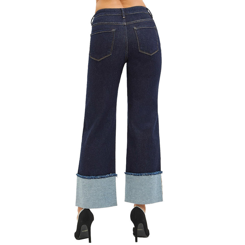 Risen Jeans Women's Solid Dark Crop Wide Cuffed Jean