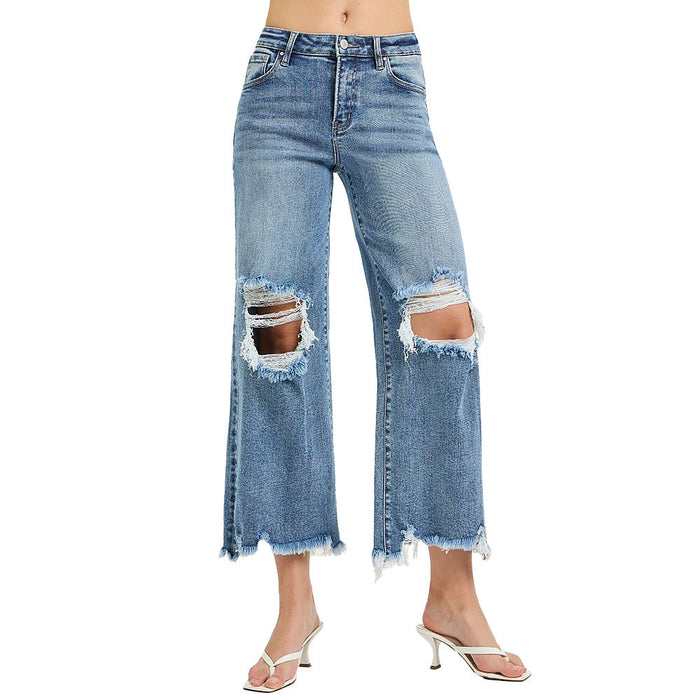 Risen Jeans Women's Medium High Rise Crop Distressed Jeans