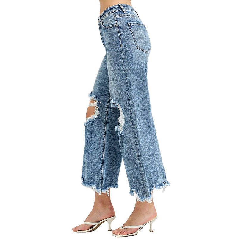 Risen Jeans Women's Medium High Rise Crop Distressed Jeans