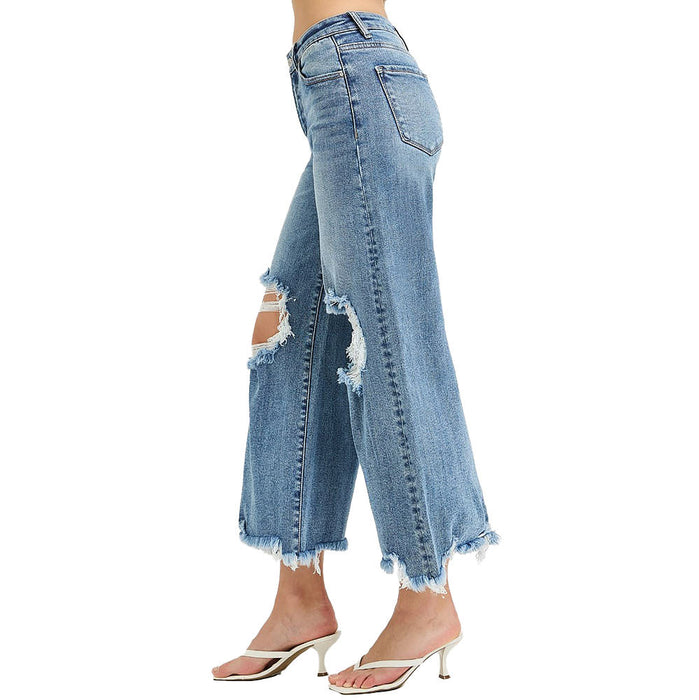 Risen Jeans Women's Medium High Rise Crop Distressed Jeans