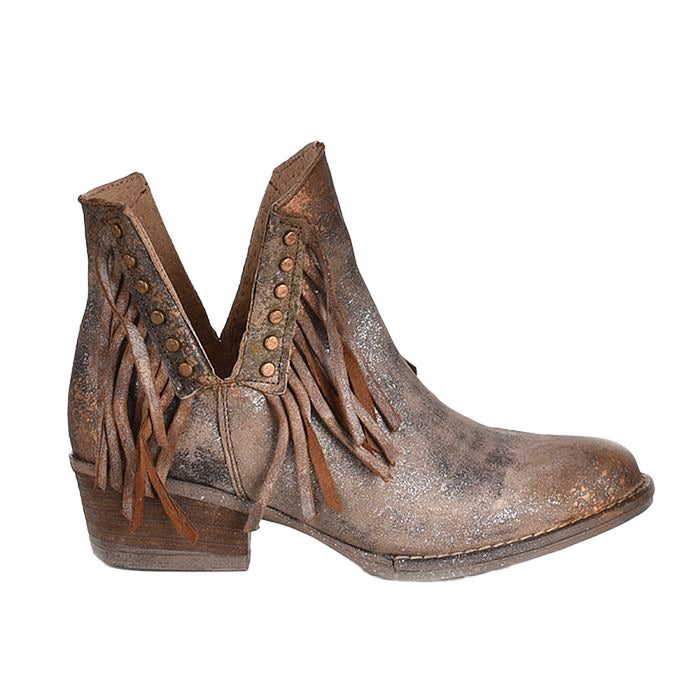 Circle G Women's Brown Studded Fringe Round Toe Bootie