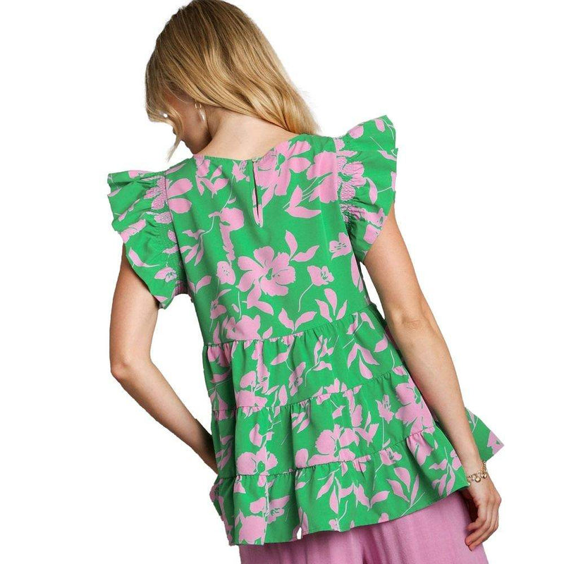 Umgee Usa Inc. Women's Green and Pink Floral Babydoll Top