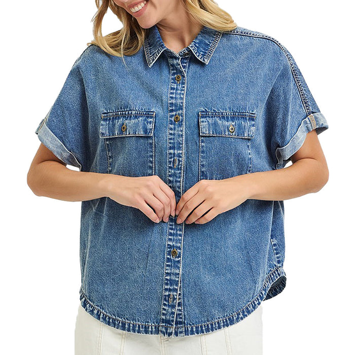 Risen Jeans Women's Medium Wash Oversized Long Shirt