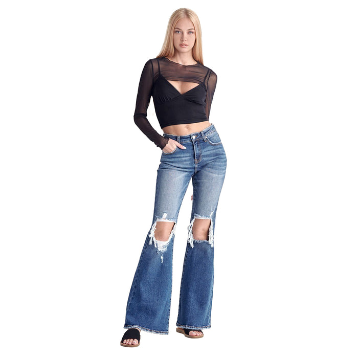 Risen Jeans Womens Distressed Flare Jeans