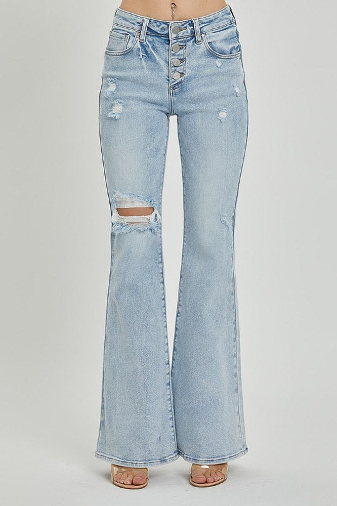 Risen Jeans Womens Mid Rise Button Down Flare Jean