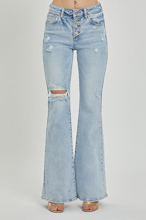 Risen Jeans Womens Mid Rise Button Down Flare Jean