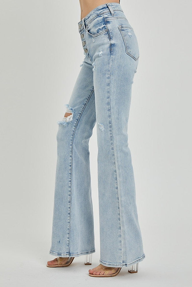 Risen Jeans Womens Mid Rise Button Down Flare Jean