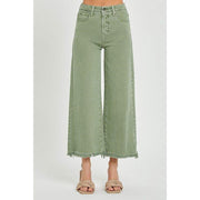 Risen Jeans Womens Olive Tummy Control Wide Leg Crop Jean