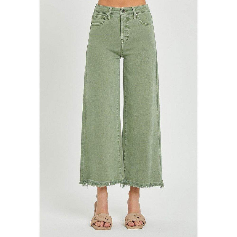 Risen Jeans Womens Olive Tummy Control Wide Leg Crop Jean