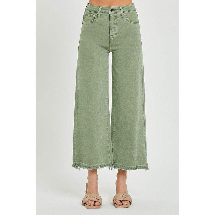 Risen Jeans Womens Olive Tummy Control Wide Leg Crop Jean