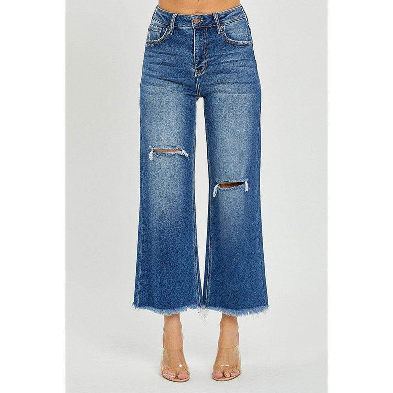 Risen Jeans Women's High Rise Frayed Ankle Wide Leg Jeans