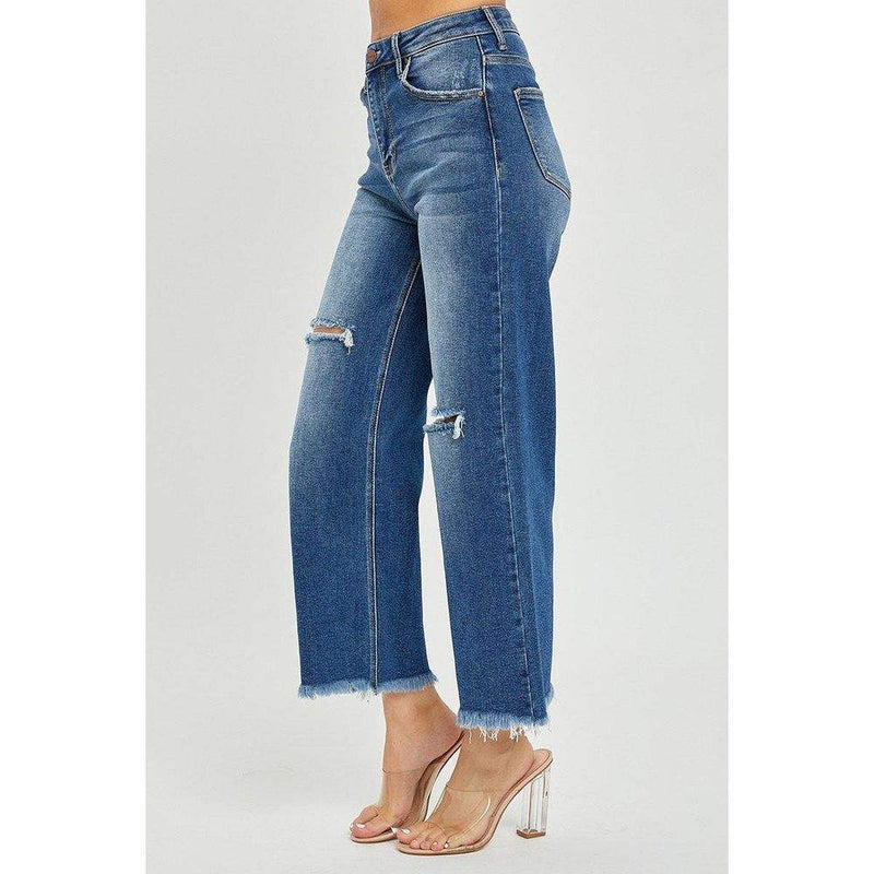Risen Jeans Women's High Rise Frayed Ankle Wide Leg Jeans