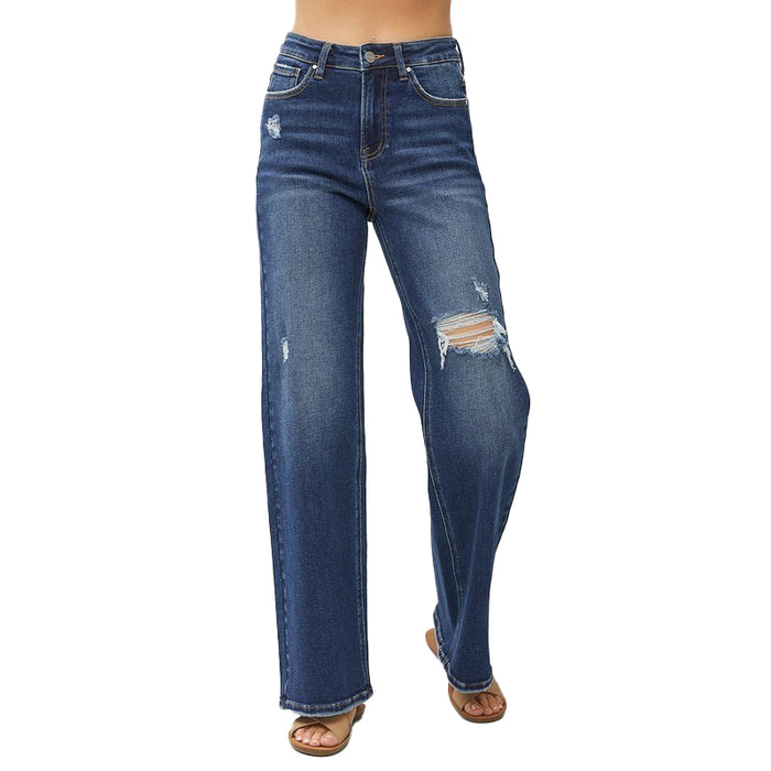 Risen Jeans Womens Distressed Wide Leg Jeans