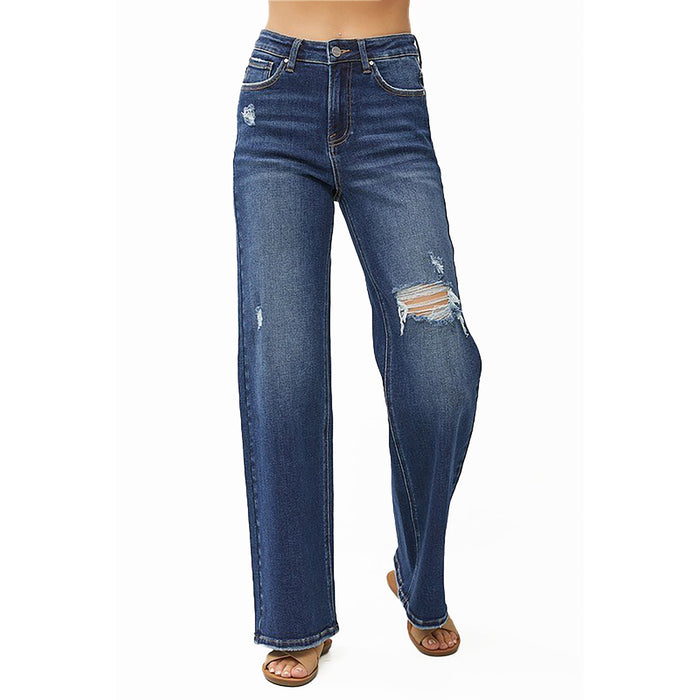 Risen Jeans Womens Distressed Wide Leg Jeans