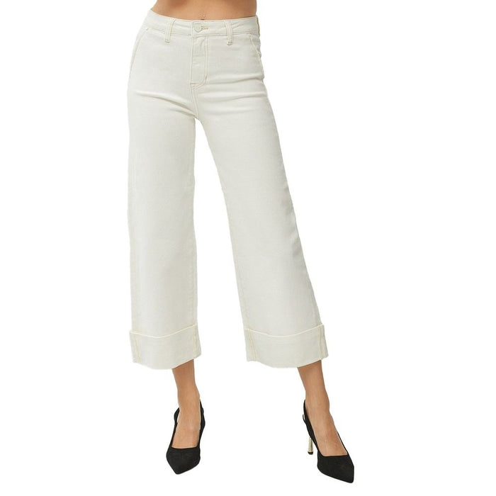 Risen Jeans Women's Cream High Rise Wide Leg Cuffed Pants